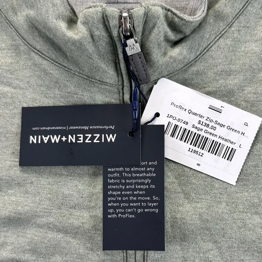 Mizzen+Main Proflex Quarter Zip Sage Green Heather Mens Large Pullover NEW Golf